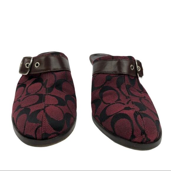 COACH Signature Monogram Canva Burgundy/wine Logo textile Bethany Wedge Mules 7 - Picture 3 of 16